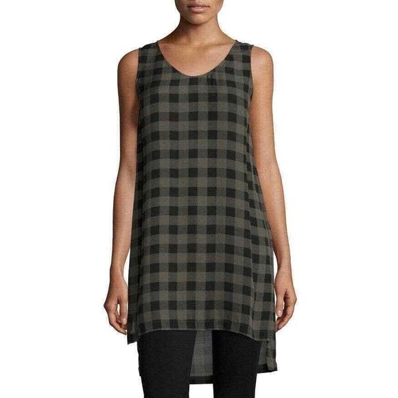Eileen Fisher Silk Chiffon High Low Tunic Dress XS Buffalo Plaid $238 EUC A3 - Picture 1 of 6